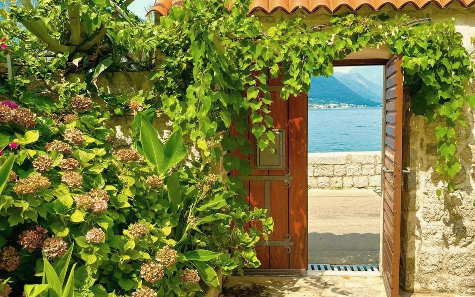 Garden doorway opening towards the sea